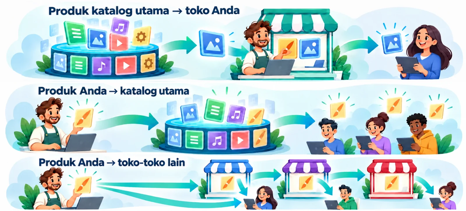Toko Anda menjual produk sendiri bersama produk dari katalog utama. Produk milik Anda juga dapat dijual di katalog utama dan oleh toko-toko lain dalam jaringan.