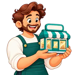 Seller memegang miniatur toko dengan brand sendiri.