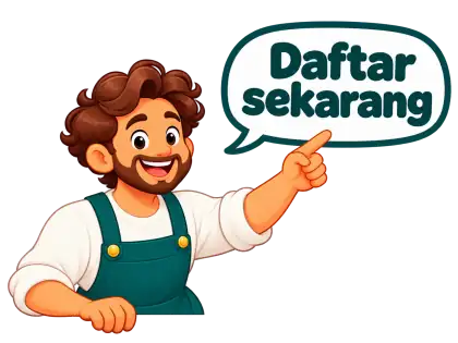 Seller berkumis di sebelah kiri menunjuk balon Daftar sekarang di sebelah kanan.